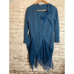 Pretty Angel Top Womens Small Blue Linen Textured Studded Artsy Asymmetric Hem